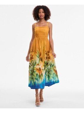 Rouched Bodice Border Print Midi Dress - Mustard Haze - Tahari ASL - Size 16